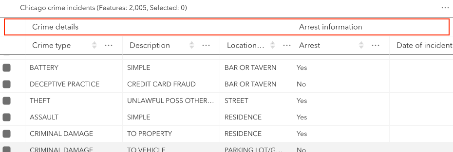 FeatureTable widget with grouped columns